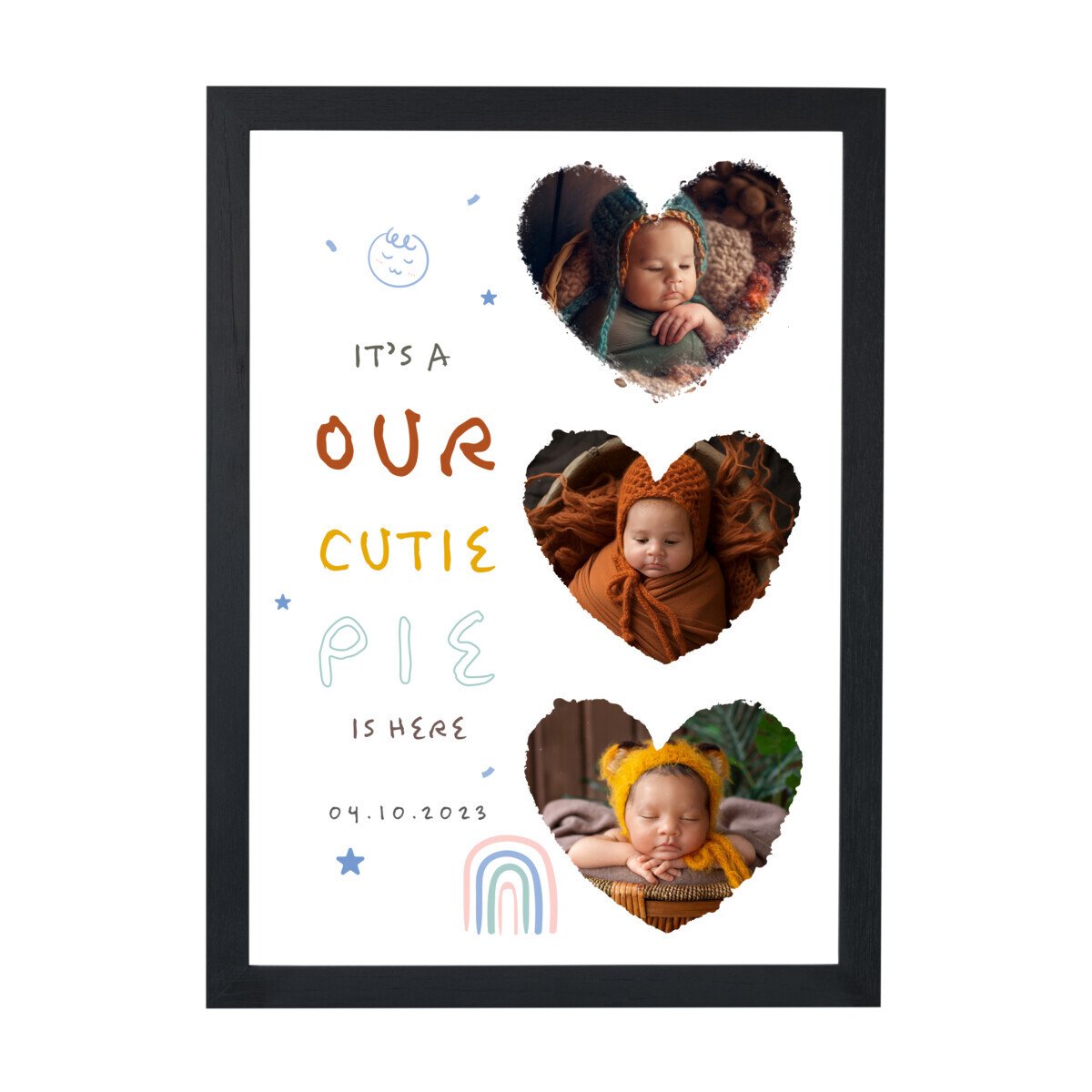 cute three heart shaped baby birthdate remembrance photo frame