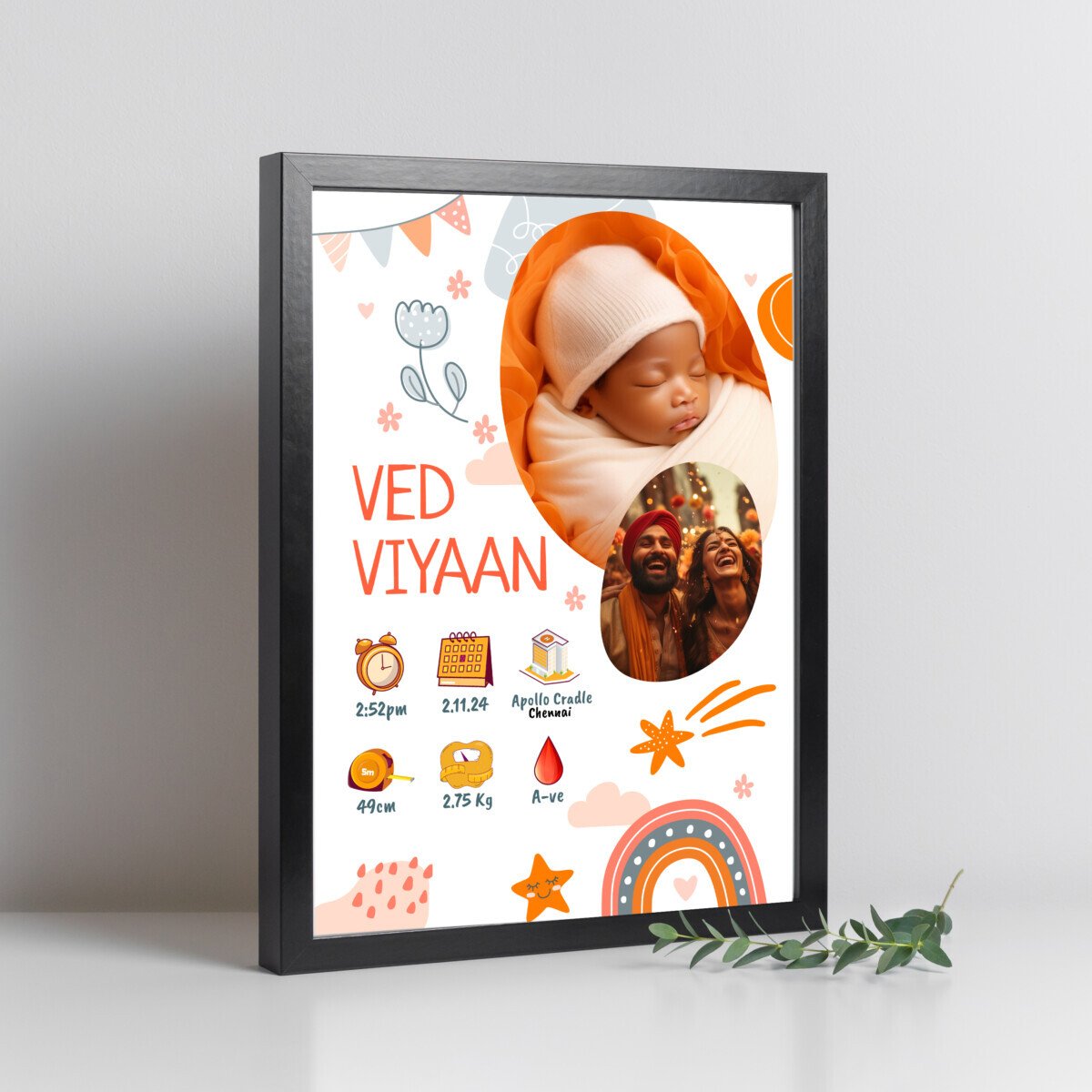 newborn baby birth details secure photo frame online