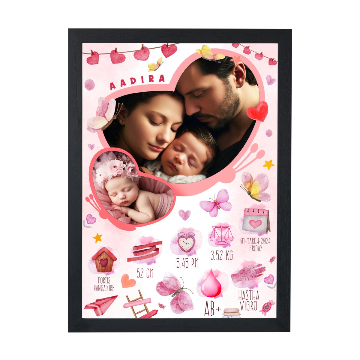 awesome butterfly themed baby birth details recording photo frame - newborn gifts