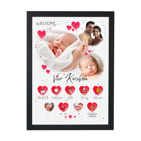 baby and parents photo frame with newborn baby details in cute red hearts